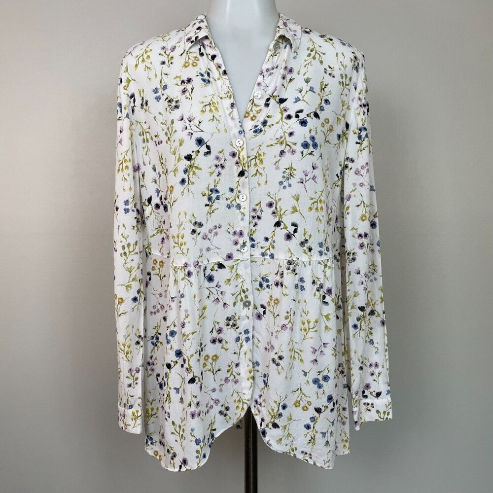 J. Jill Top Small White Floral Button-Front Blouse Collared Women's